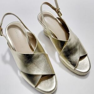 H by HALSTON  Women's Stella Gold Leather  Slingback Wedge Sandals - 7.5M